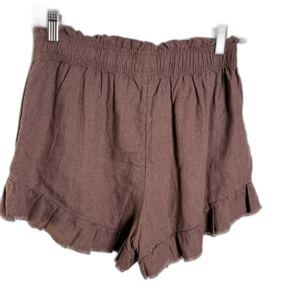 Aerie Linen Blend Shorts with Ruffle High Rise Brown Size S Cinch Waist New - Picture 2 of 5